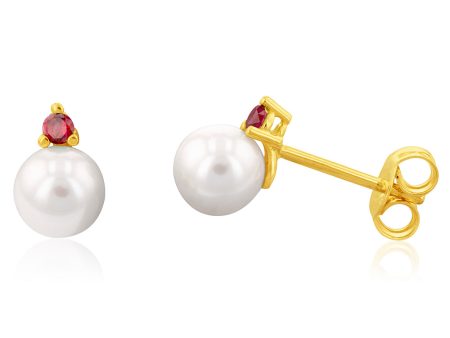 9ct Yellow Gold Red Cubic Zirconia Pearl Stud Earrings Online Hot Sale