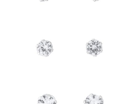 Sterling Silver Multi Size Zirconia 3 Stud Earring Set For Sale