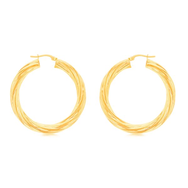 9ct Yellow Gold Twisted Striped 30MM Hoop Earrings 9Y Cheap