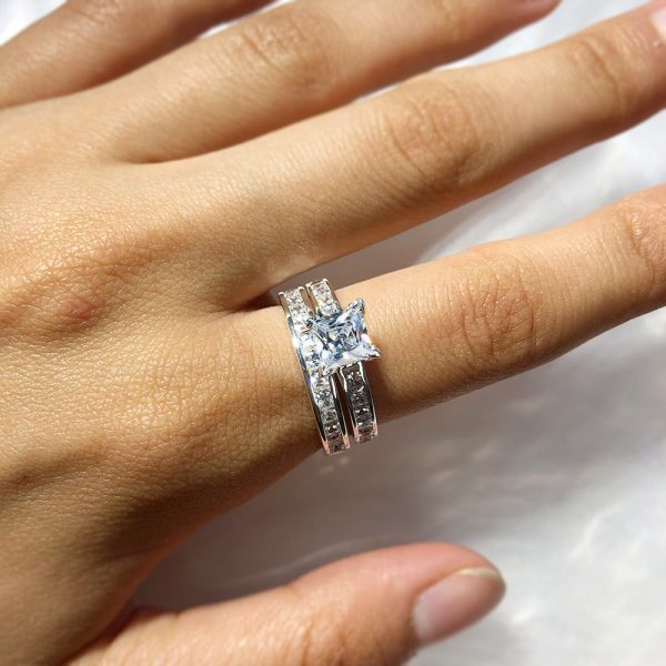 Sterling Silver Zirconia Princess Cut + Round 2 Ring Set Online