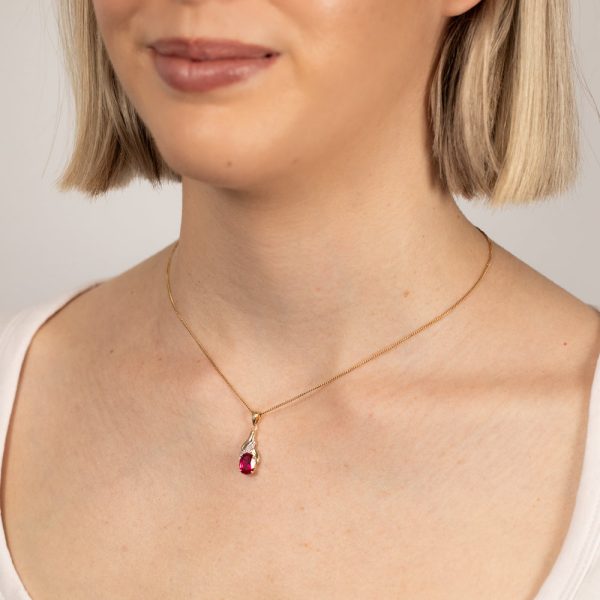 9ct Delightful Yellow Gold Created Ruby 8x6mm + Diamond Pendant Online