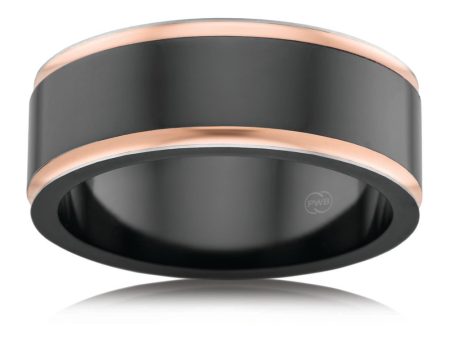 9ct Rose Gold and Zirconium 8mm Gents Ring. Size T and U. Hot on Sale