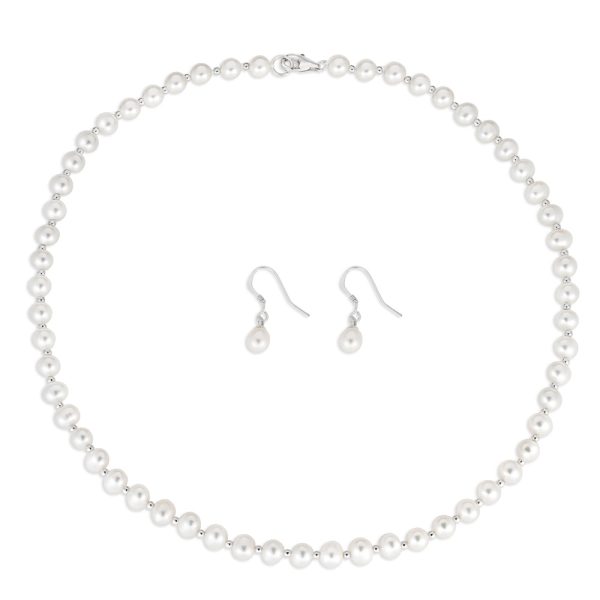 Sterling Silver White Freshwater Pearl Chain & Earring Boxed Set Online Sale