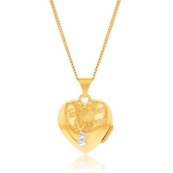 9ct Yellow & White Gold Two Tone Together Forever On Heart Locket Pendant Hot on Sale