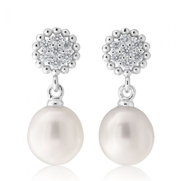 Sterling Silver White Freshwater Pearl 7.5-8mm & Zirconia Earrings Online Hot Sale