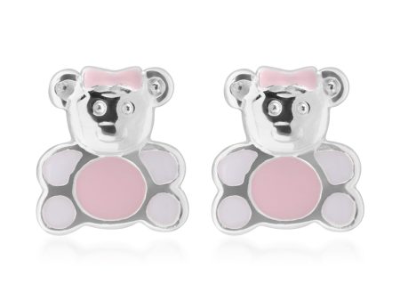 Sterling Silver Pink and White Enamel Teddy Bear Studs Supply