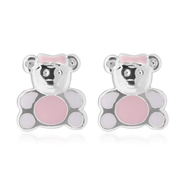 Sterling Silver Pink and White Enamel Teddy Bear Studs Supply