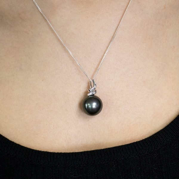 Tahitian South Sea Pearl & Diamond Pendant on 45cm Sterling Silver Chain Online Sale