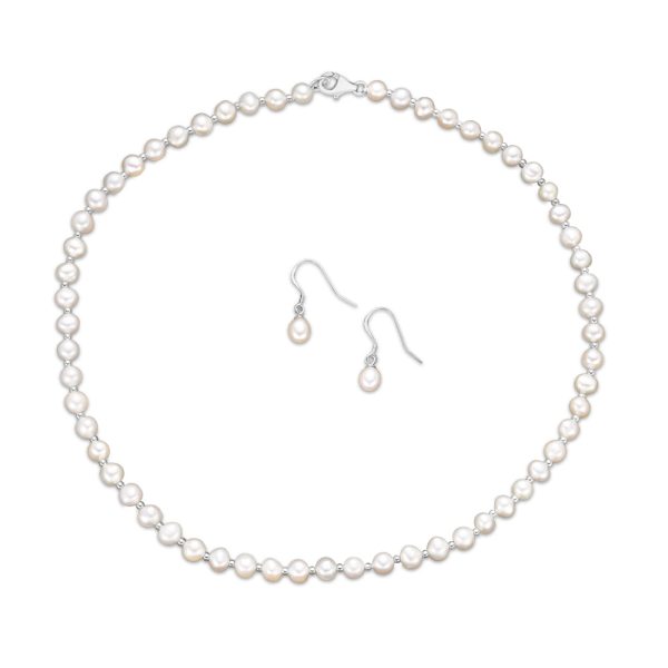 Sterling Silver White Freshwater Pearl Chain & Earring Boxed Set Online Sale