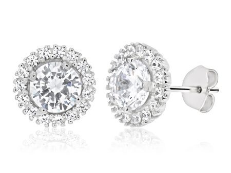 Sterling Silver Rhodium Plated Cubic Zirconia Round Halo Stud Earrings Sale