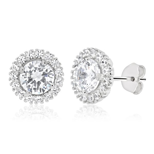 Sterling Silver Rhodium Plated Cubic Zirconia Round Halo Stud Earrings Sale