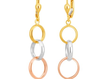 9ct Three Tone Gold Dangling Trio of Hoops Earrings For Discount