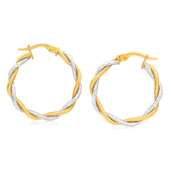 9ct Yellow & White Gold Hoop Earrings twin tube twist For Cheap