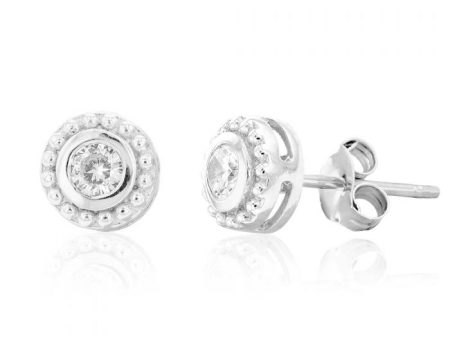 Sterling Silver Rhodium Plated White Cubic Zirconia Halo Stud Earrings For Sale