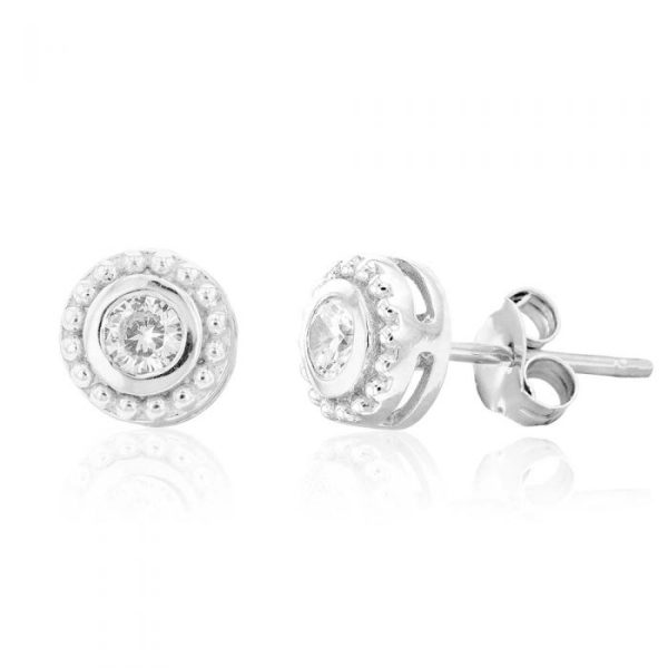 Sterling Silver Rhodium Plated White Cubic Zirconia Halo Stud Earrings For Sale