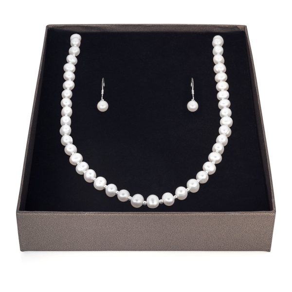 Sterling Silver White Freshwater Pearl Chain & Earring Boxed Set Online Sale