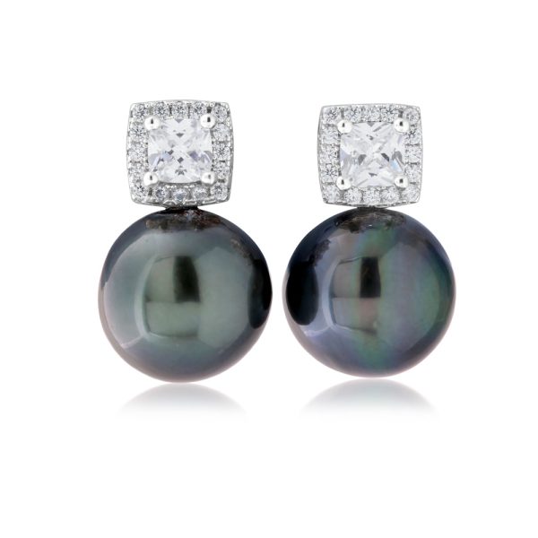 Sterling Silver Tahitian Pearl & Zirconia Studs Fashion