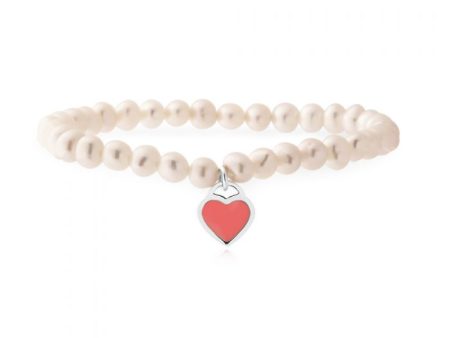 5-5.5mm White Freshwater Pearl Stretch Bracelet with Sterling Silver Pink Heart For Sale