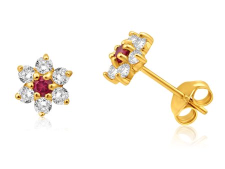 9ct Alluring Yellow Gold Created Ruby + Cubic Zirconia Stud Earrings on Sale