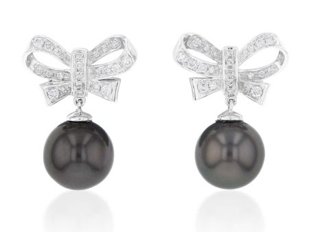 9ct White Gold Tahitian Bow Pearl Earrings set with 46 Diamonds For Discount