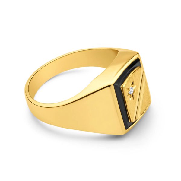 9ct Radiant Yellow Gold Diamond + Onyx Ring For Cheap