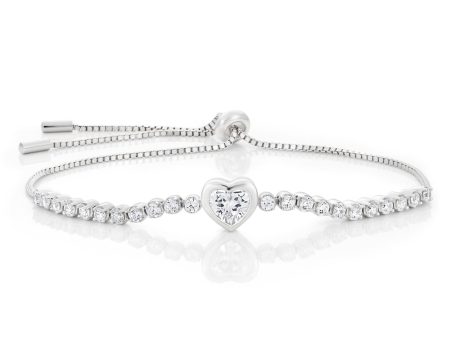 Sterling Silver Rhodium Plated Zirconia Heart Adjustable Bracelet Hot on Sale