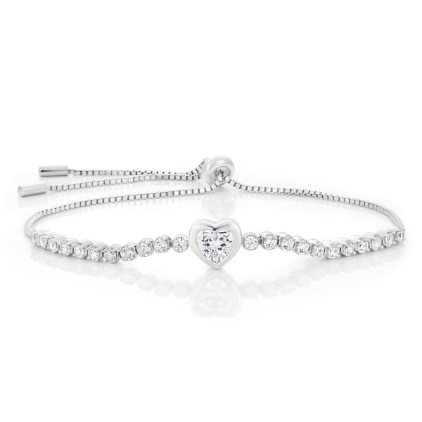 Sterling Silver Rhodium Plated Zirconia Heart Adjustable Bracelet Hot on Sale