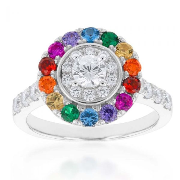 Sterling Silver Rainbow Multicolour Cubic Zirconia Halo & Channel Ring on Sale