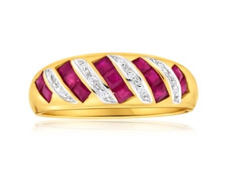 9ct Charming Yellow Gold Diamond + Natural Ruby Ring Sale