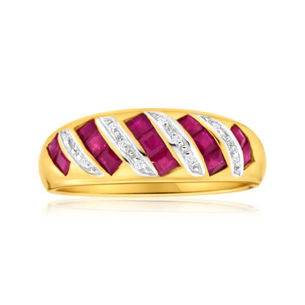 9ct Charming Yellow Gold Diamond + Natural Ruby Ring Sale