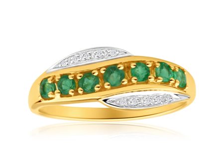 9ct Elegant Yellow Gold Diamond + Emerald Ring Online