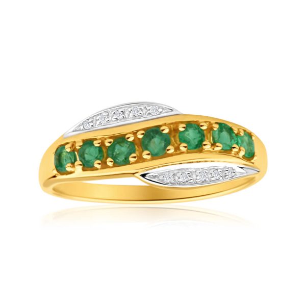 9ct Elegant Yellow Gold Diamond + Emerald Ring Online