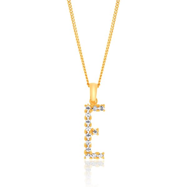 9ct Yellow and White Gold Two Tone Diamond Cut Initial  E  Pendant Online now