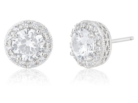 Sterling Silver Platium Plated Cubic Zirconia Brilliant Cut 7mm Halo Stud Earrings Sale