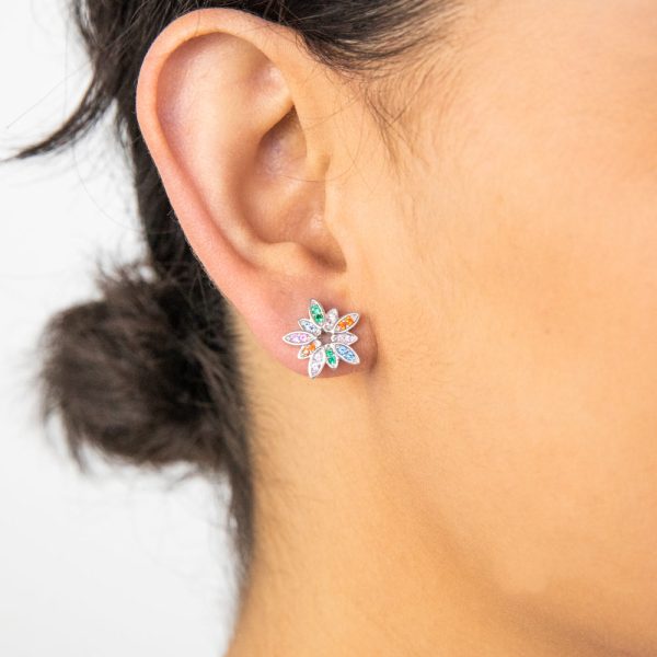 Sterling Silver Rainbow Multicolour Cubic Zirconia Flower Stud Earrings Fashion