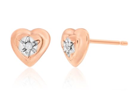 9ct Rose Gold Heart Earrings Set With 2 White Diamonds For Discount