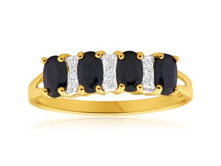 9ct Radiant Yellow Gold Natural Sapphire x4 and Diamond x3 Ring Online now