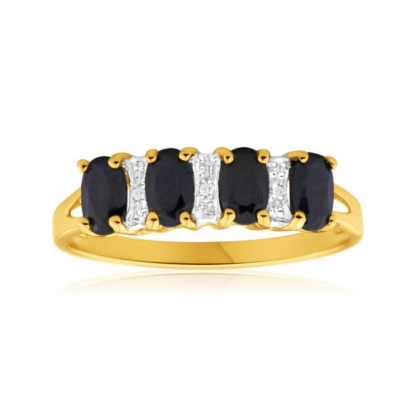 9ct Radiant Yellow Gold Natural Sapphire x4 and Diamond x3 Ring Online now