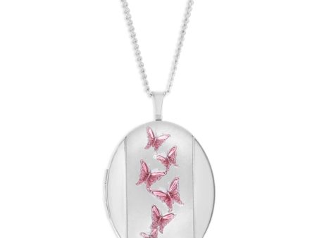 Sterling Silver Pink Butterfly Oval Locket 20mm Sale