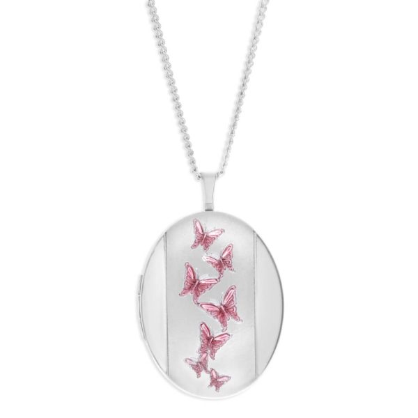 Sterling Silver Pink Butterfly Oval Locket 20mm Sale