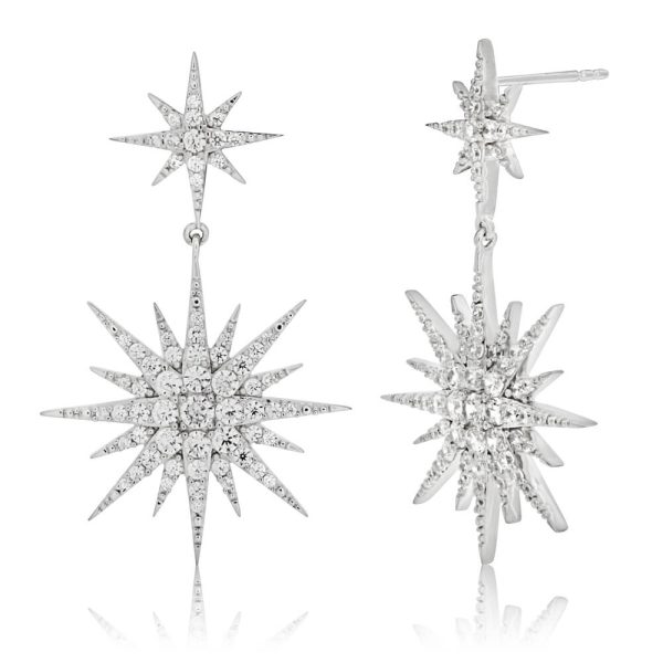 Sterling Silver Rhodium Plated Starburst Cubic Zirconia Drop Earrings For Cheap