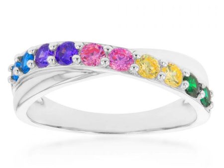 Sterling Silver Rainbow Multicolour Cubic Zirconia Crossover Ring Online now