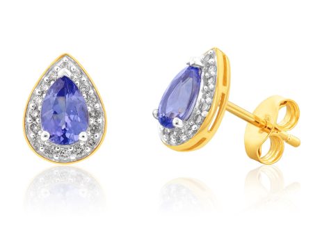 9ct Yellow Gold 0.90ct Tanzanite and 0.15 Carat Diamond Pear Halo Stud Earrings Online