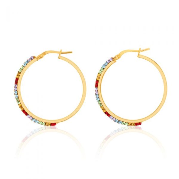 9ct Silverfilled Yellow Gold Rainbow Multi-Colour Crystals 25mm Hoop Earrings Online Sale