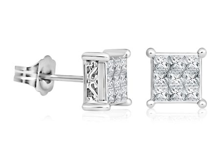 14ct White Gold 1 2 Carat Diamond Stud Square Earrings on Sale