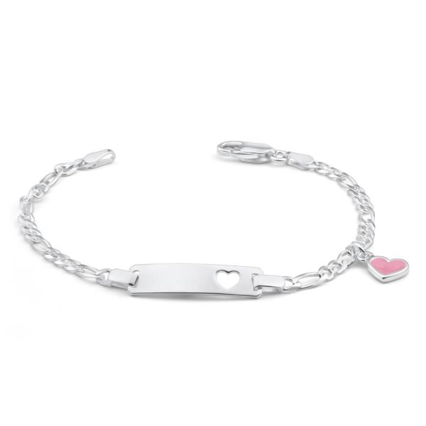 Sterling Silver Pink Enamel Heart ID Bracelet 17cm For Discount