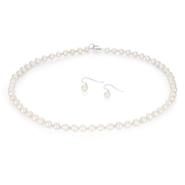 Sterling Silver White Freshwater Pearl Chain & Earring Boxed Set Online Sale