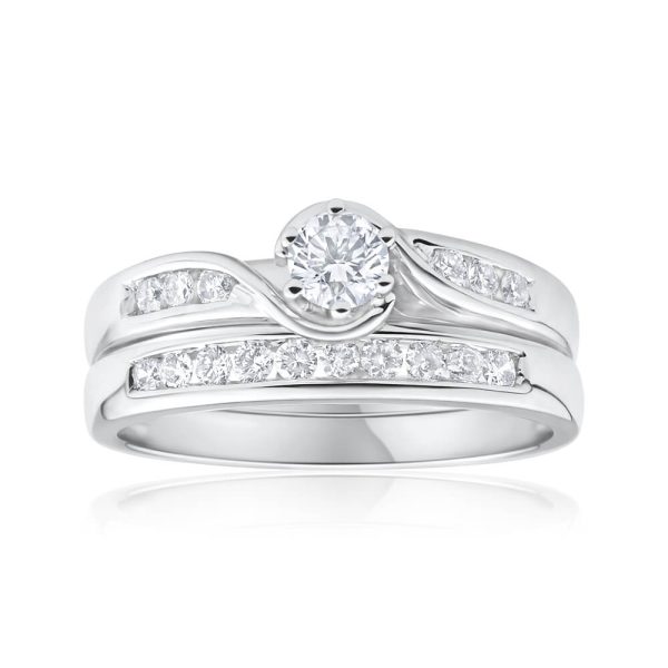 9ct White Gold 1 2 Carat Diamond 2 Ring Bridal Set With 16 Diamonds Online Sale