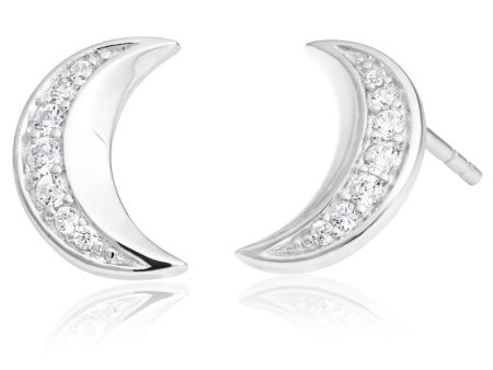 Sterling Silver Rhodium Plated Zirconia Crescent Stud Earrings For Sale