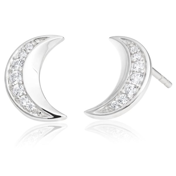 Sterling Silver Rhodium Plated Zirconia Crescent Stud Earrings For Sale